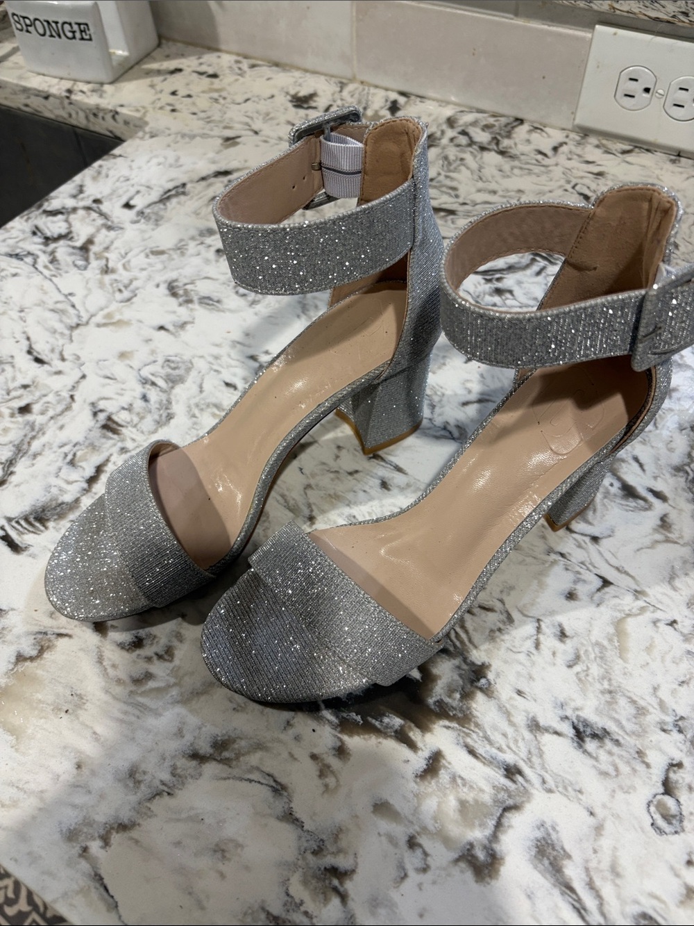 Glitter Ankle-Strap Block Heel Sandals in Silver - Women's